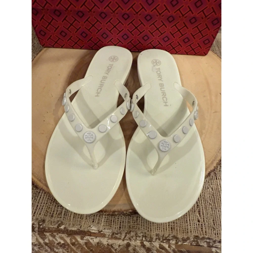 Tory Burch Studded Jelly Flip Flop Thong Sandal Ivory 8 $148 New‎ In Box
